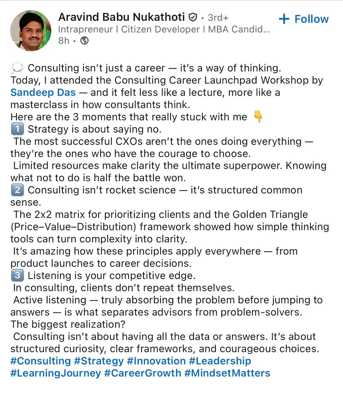 LinkedIn feedback about the consulting program, post 5