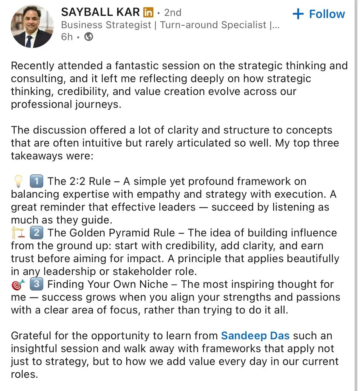 LinkedIn feedback about the consulting program, post 6