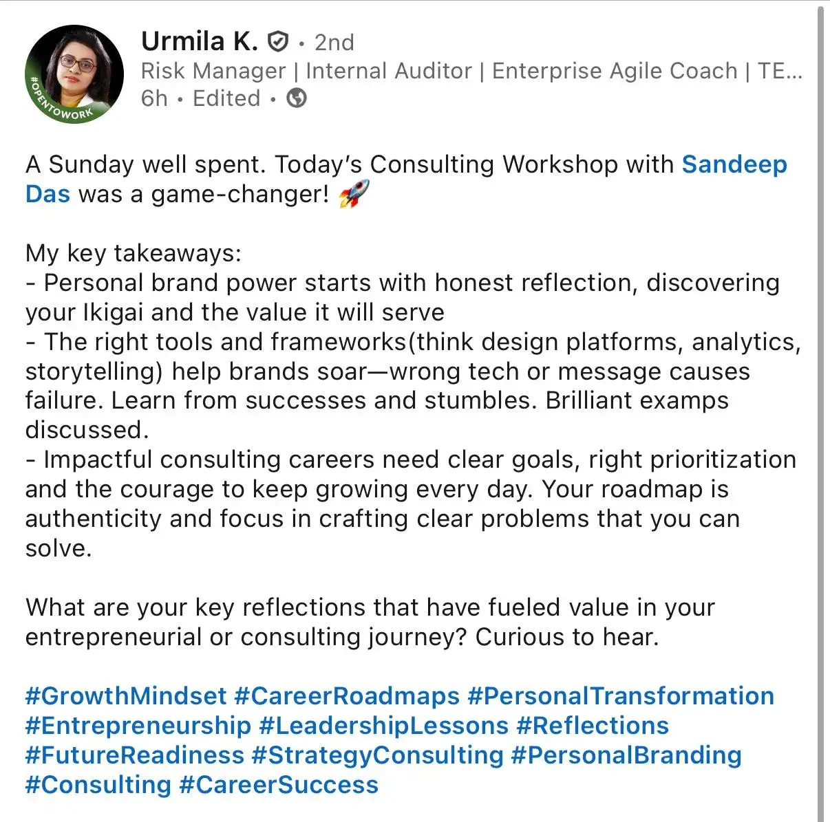 LinkedIn feedback about the consulting program, post 7