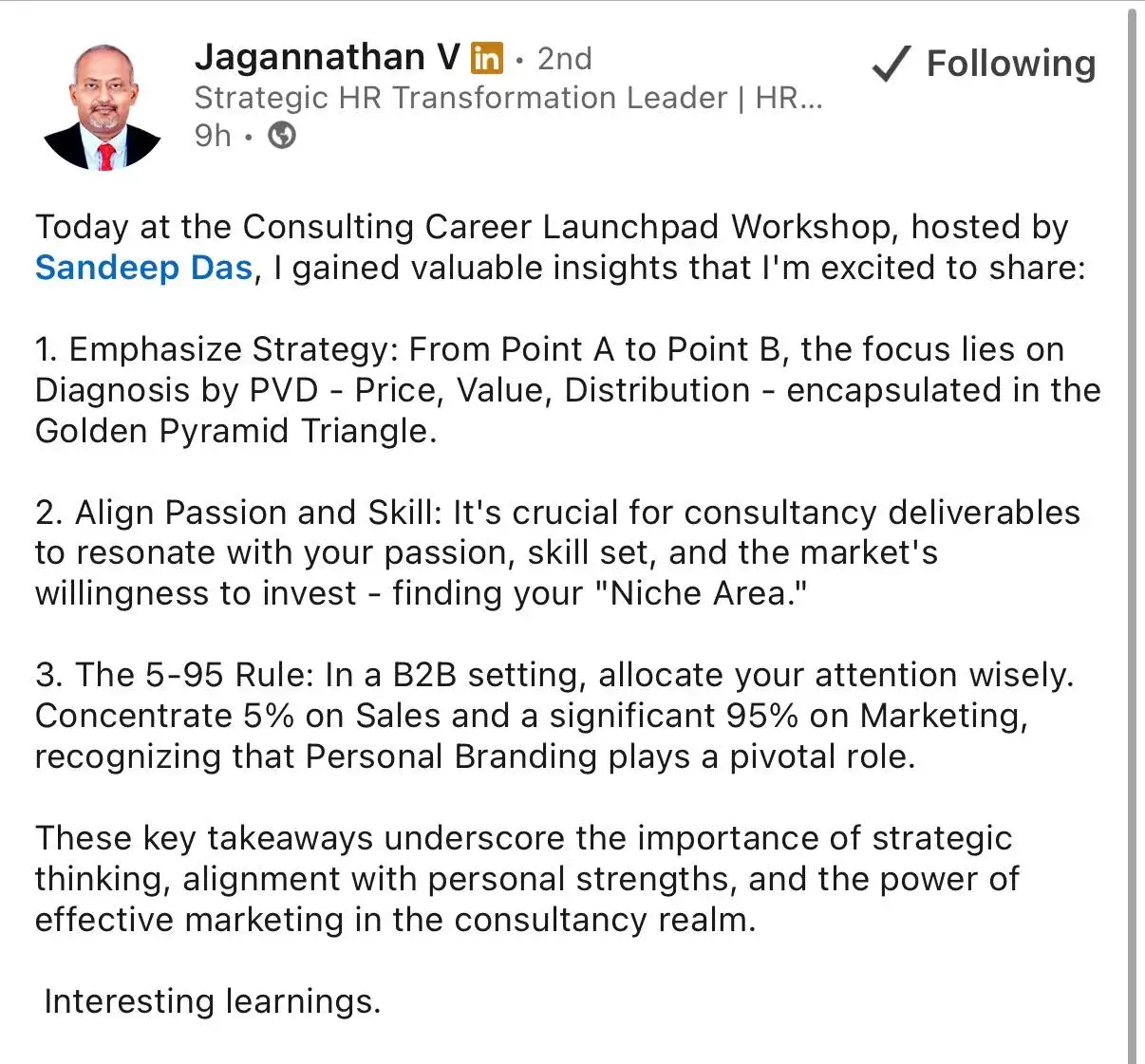 LinkedIn feedback about the consulting program, post 8