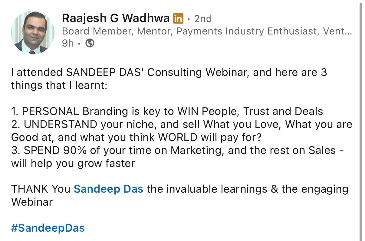 LinkedIn feedback about the consulting program, post 9