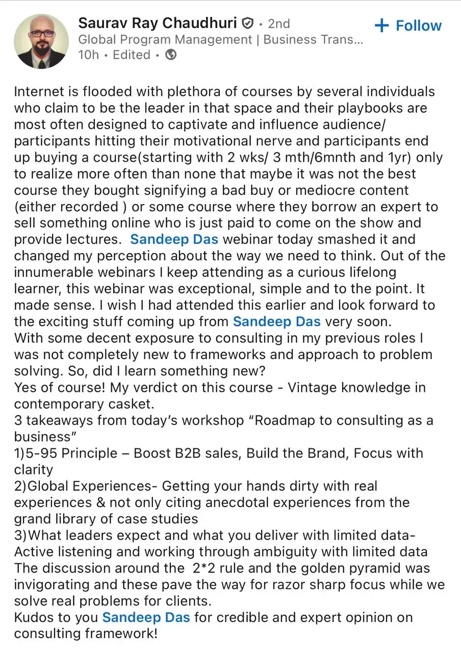 LinkedIn feedback about the consulting program, post 12