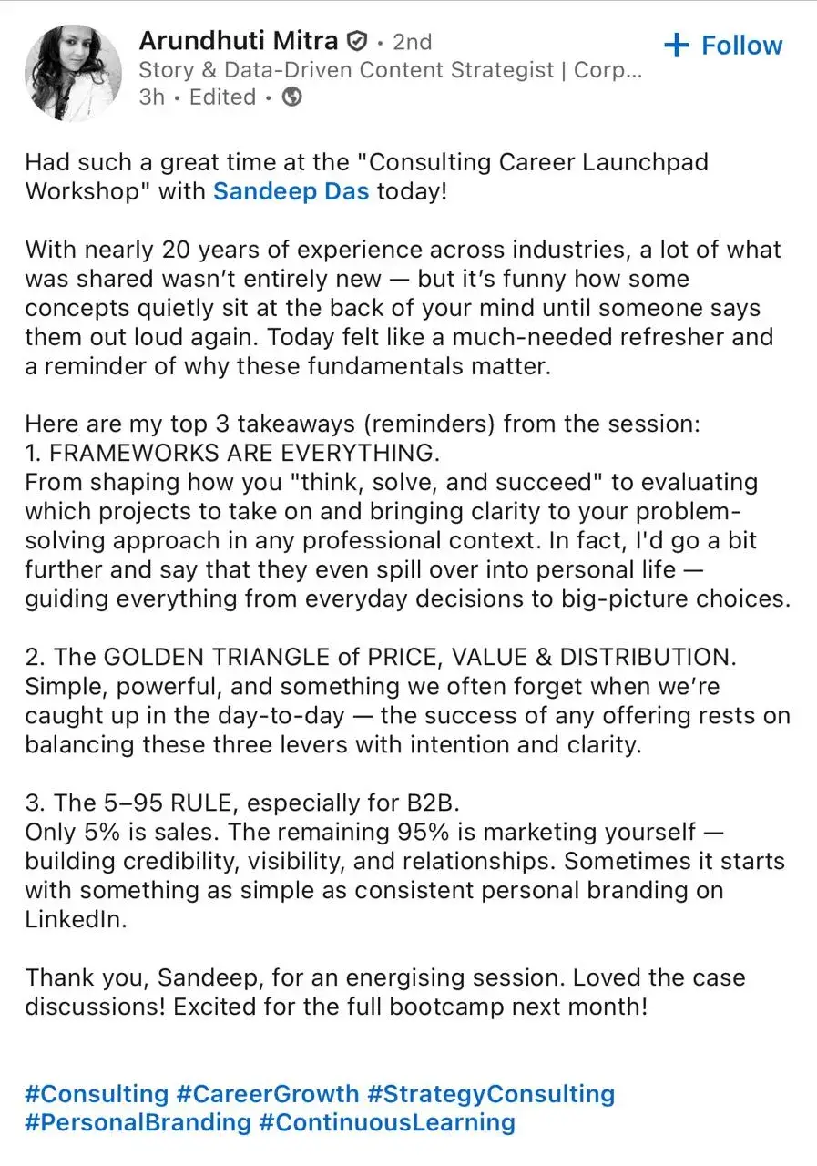 LinkedIn feedback about the consulting program, post 18
