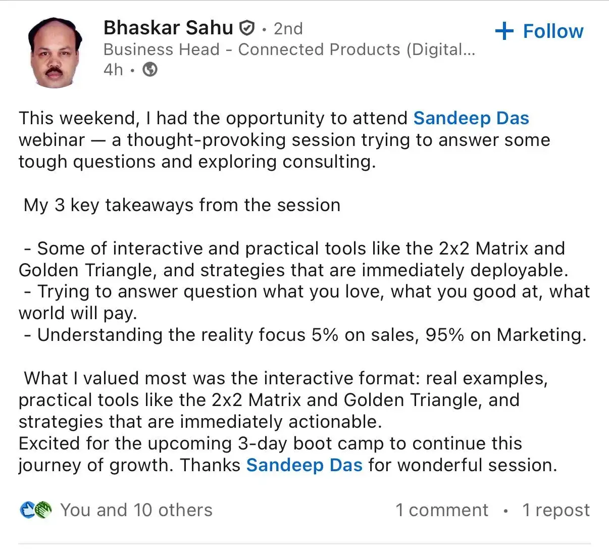 LinkedIn feedback about the consulting program, post 14