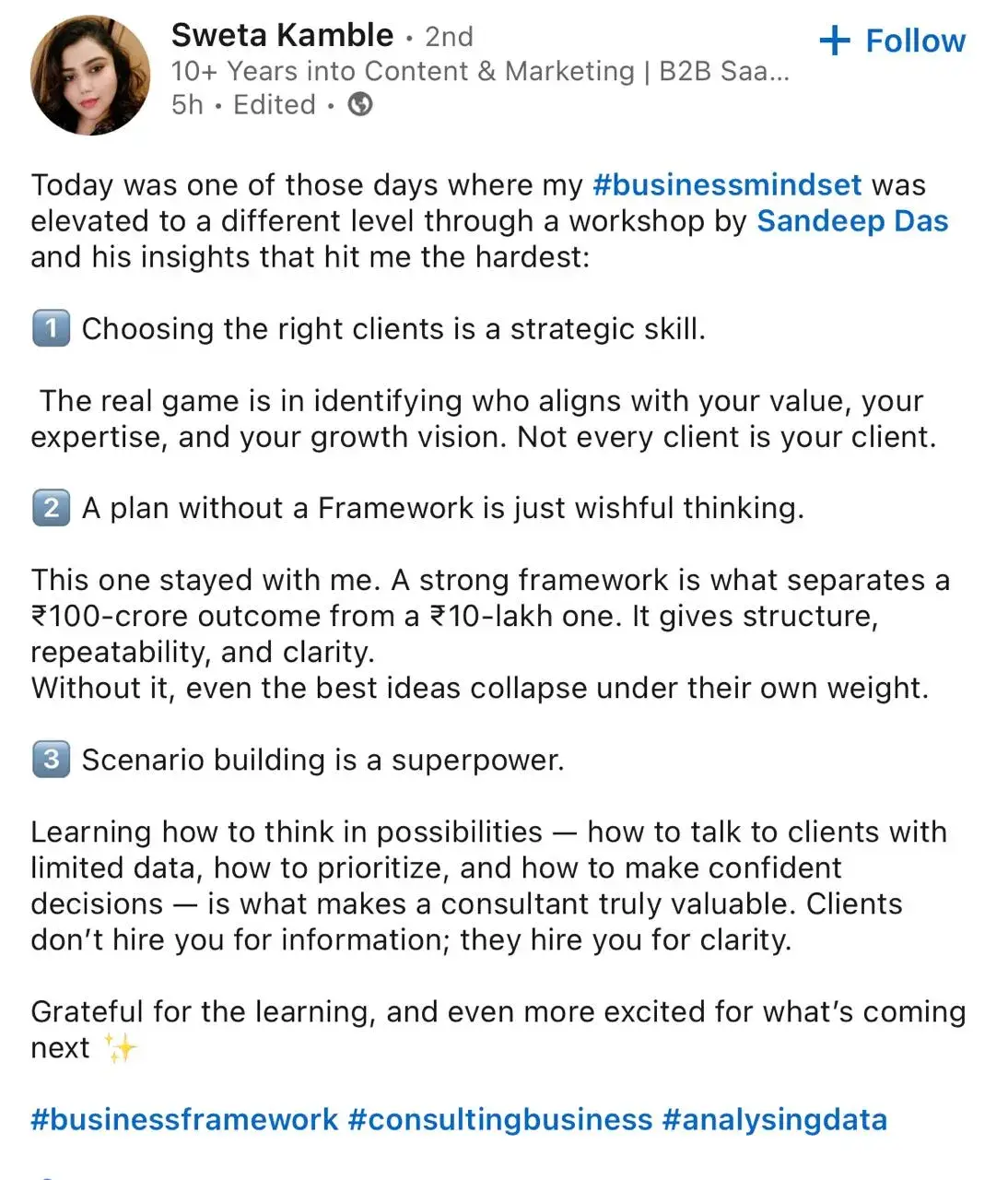 LinkedIn feedback about the consulting program, post 15