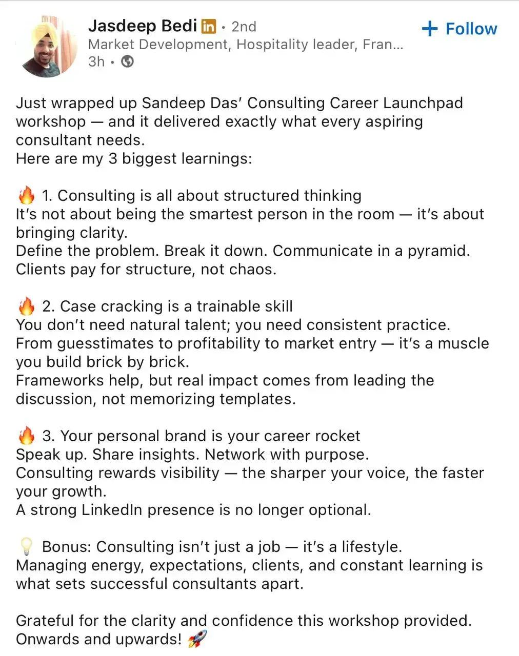 LinkedIn feedback about the consulting program, post 16