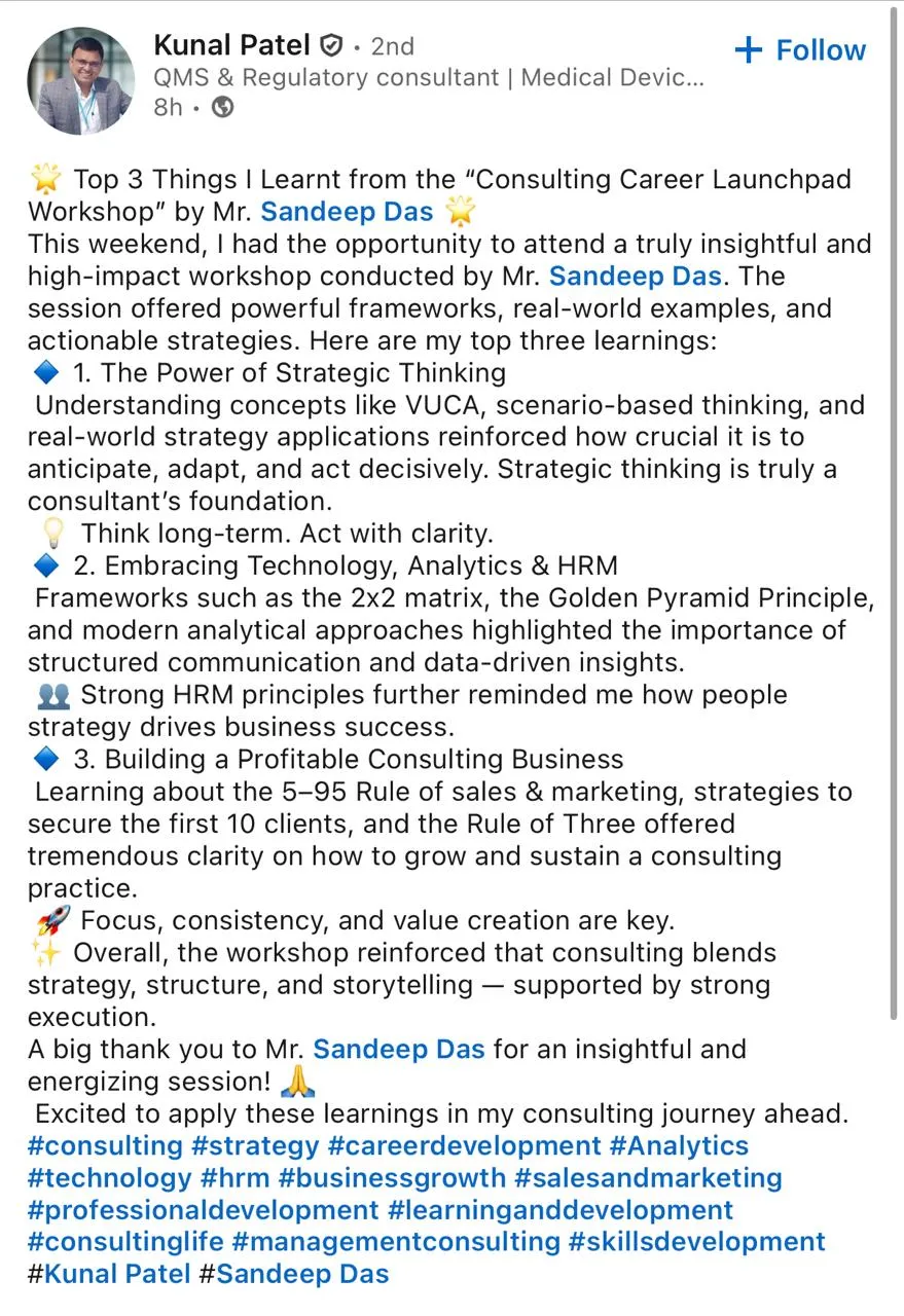LinkedIn feedback about the consulting program, post 17