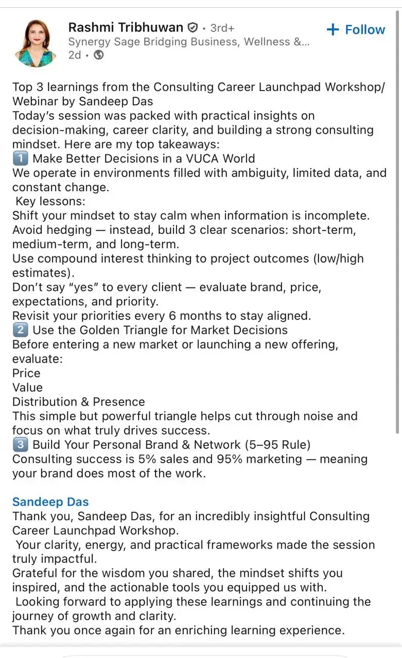 LinkedIn feedback about the consulting program, post 21