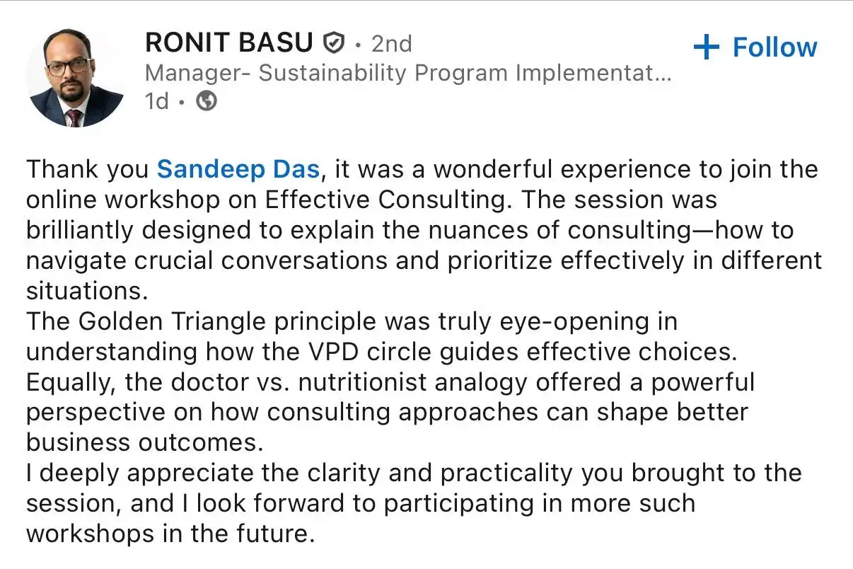 LinkedIn feedback about the consulting program, post 22