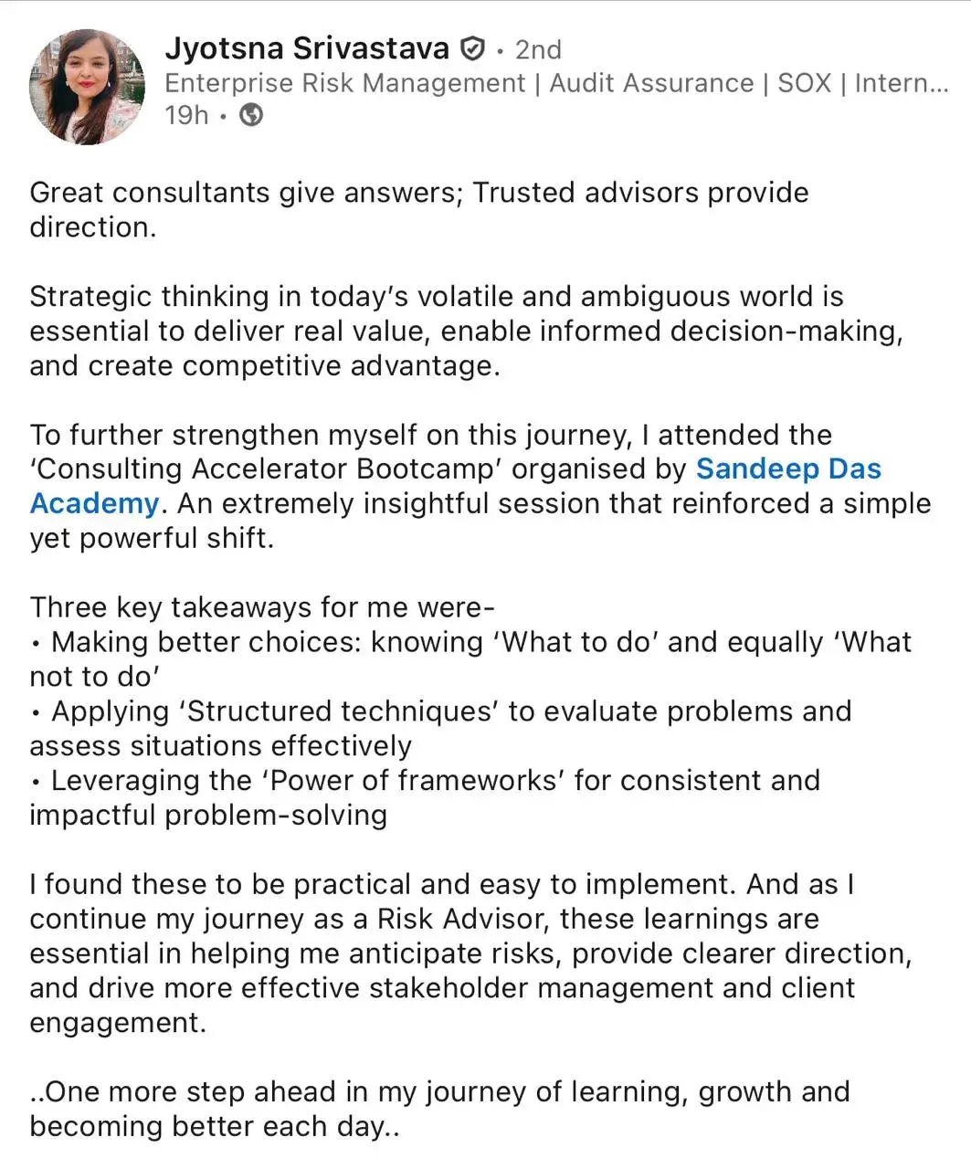 LinkedIn feedback about the consulting program, post 23