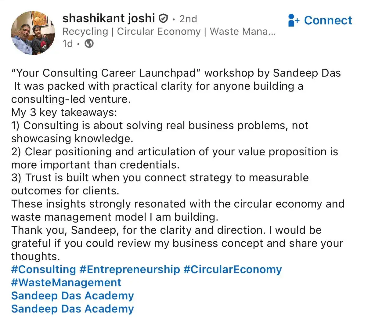 LinkedIn feedback about the consulting program, post 25