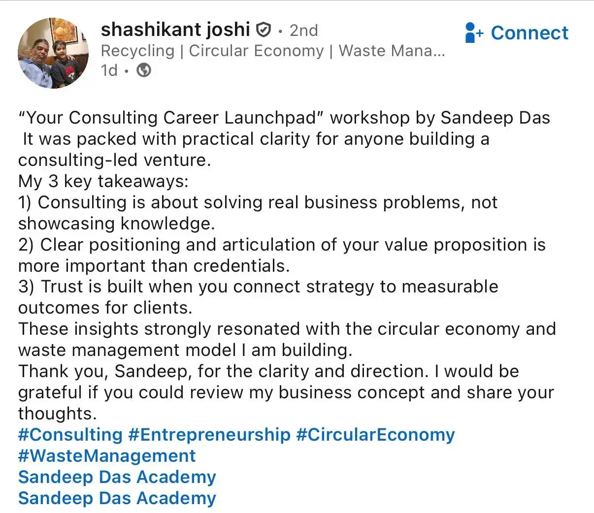 LinkedIn post by Shashikant Joshi on the Your Consulting Career Launchpad workshop