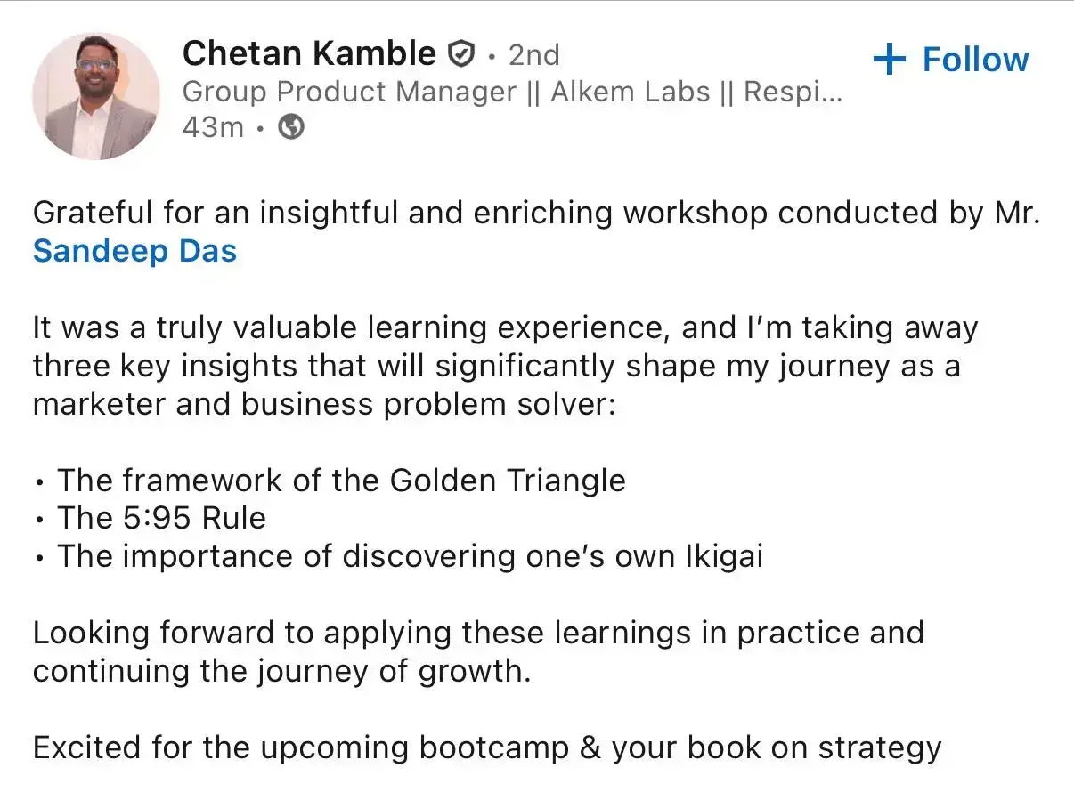 LinkedIn post by Chetan Kamble, Group Product Manager at Alkem Labs, on Sandeep Das’s workshop